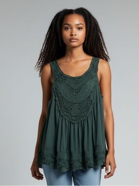 ULTRA PINK Crochet Yoke Tank Top S 19” + p2p Dark Green NWOT